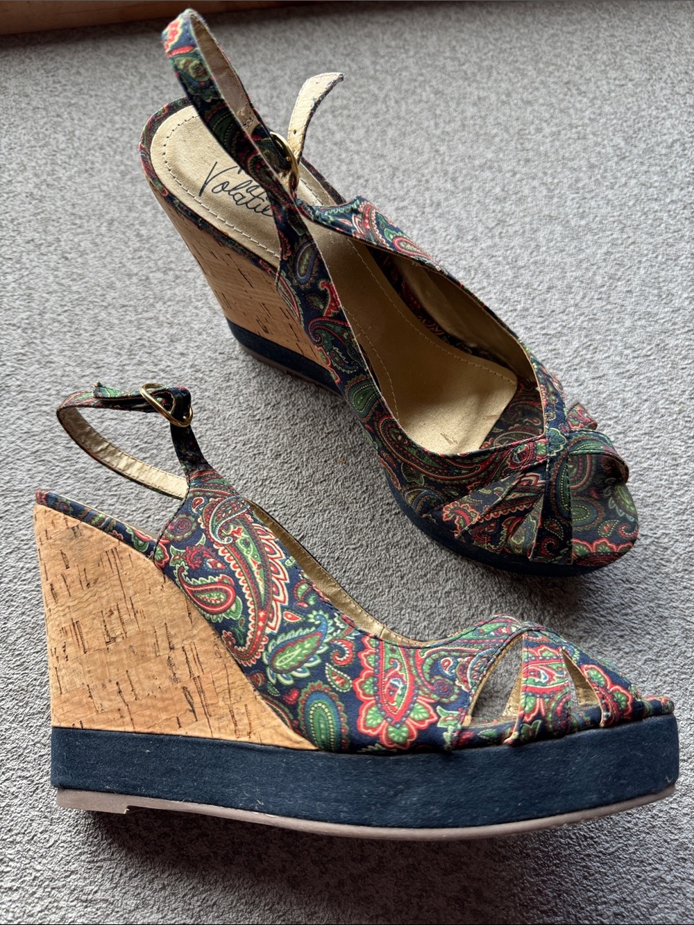 Very Volatile Multicolor Paisley Cork Wedge Slingbacks